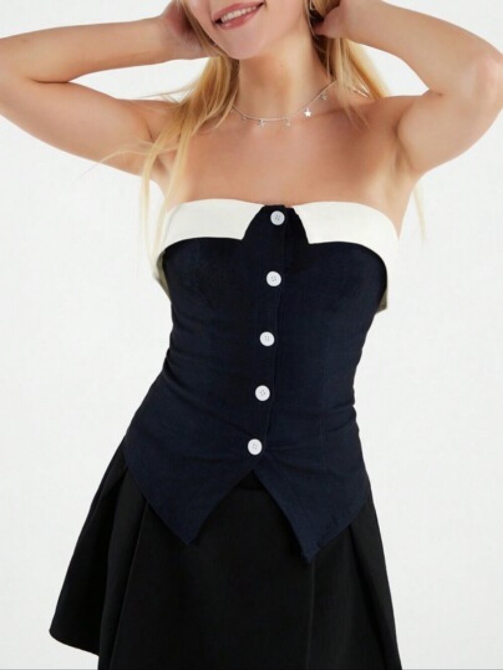 Strapless Sailor Button-Front Stretch Top